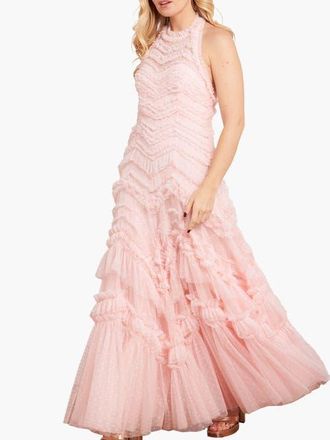 Needle & Thread Elia Halter Neck Ruffle Tulle Maxi Gown in Seashell at Nordstrom, Size 12