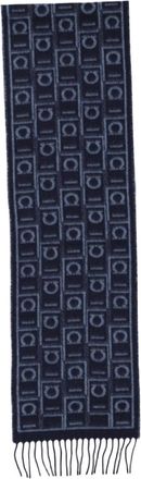 Ferragamo Blue Geometric Fringed Cashmere Wool-Blend Scarf