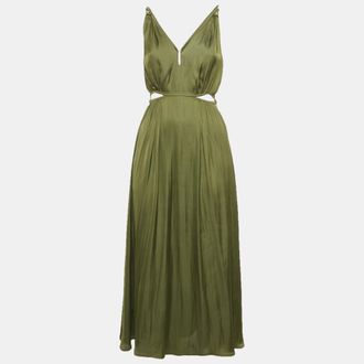 Maje Olive Green Satin Rune Cutout Midi Dress