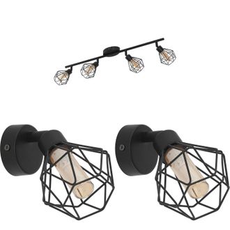 Loops Quad Ceiling Light & 2x Matching Wall Lights Black Cage Amber Glass Trendy Lamp
