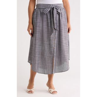 Renee C Stripe Tie Waist Linen Blend Midi Skirt in Black at Nordstrom Rack, Size 2 X