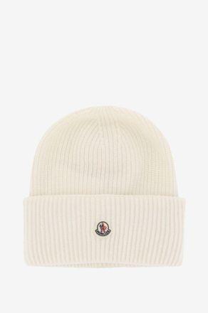 Moncler Rippstrickm&uuml;tze aus Schurwolle mit Umschlag und Logopatch