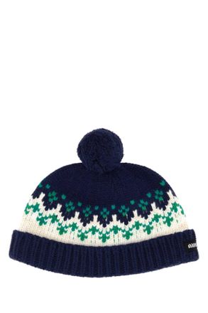 Miu Miu Womens Embroidered Wool Beanie Hat Navy Exterior: Virgin Cuffie