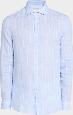 Brunello Cucinelli Mens Pinstripe Linen Button-Down Shirt