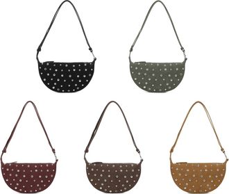 Generic Studded Half Moon Shoulder Bag for Women, Synthetic Suede with Adjustable Strap, Zip Closure, Tan Brown, 28x20x3cm (Coffee)