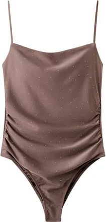 Mango Ruched Rhinestone One-Piece Swimsuit in Medium Brown at Nordstrom, Size X-Small