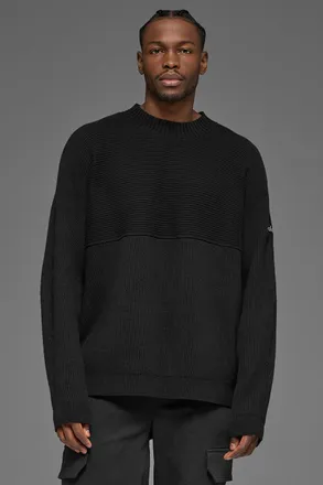Alo | Domain Shift Rib Knit Sweater Crewneck Top in Black, Size: Medium