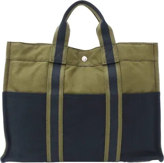 Herm&egrave;s Green Khaki Navy Canvas Handbag Tote Bag (Pre-Owned)