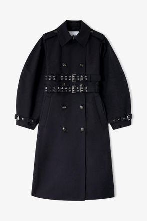 Ganni Black Trench Coat in Double Cotton - Size 10/12 Organic
