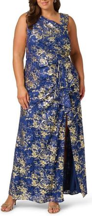 Adrianna Papell Asymmetric Neck Lace Gown in Navy/gold at Nordstrom, Size 22W