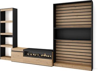 Skraut Home Muebles De Sal&oacute;n Para Tv, Conjunto De Muebles Comedor, 320x186x35cm, Chimenea El&eacute;ctrica, Estilo Moderno, Roble Y Negro - Skraut Home