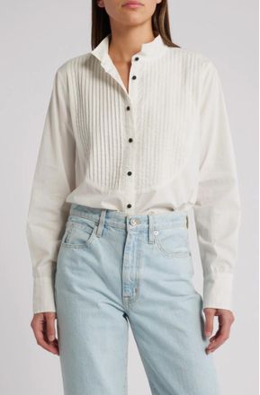 The Great. Pleated Long Sleeve Tuxedo Top In White