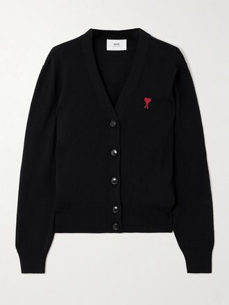 Ami Cardigan In Lana Con Logo Ricamato - Nero