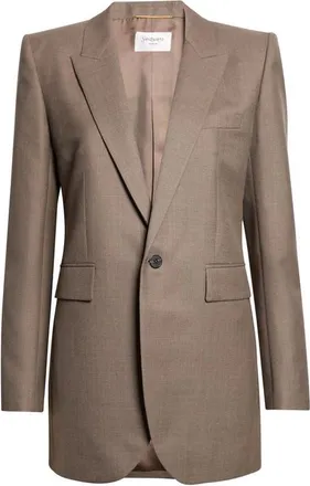 Saint Laurent One-Button Longline Wool Twill Blazer in Taupe Chine at Nordstrom, Size 42