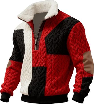 Generic Quarter Zip Jumper Men Work Regular Fit Winter Warm 1/4 Zip Jumper Mens Knitted Sweaters Fleece Lined Thermal Sweatshirts Long Sleeve Collar Golf Jump