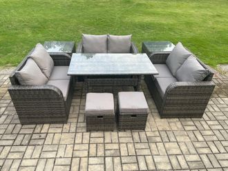 Fimous 8 Seater Outdoor Rattan Garden Furniture Set with Patio Rectangular Dining Table 2 Side Tables Love Sofa 2 Small Footstools Dark Grey Mixed