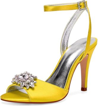 Generic Wedding Bridal Heels Womens Ankle Strap Open Toe Stiletto High Heels Satin Heeled Sandals for Prom, Party, Daily 10.5Cm,Yellow,4 UK