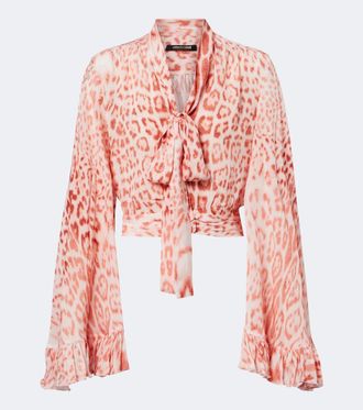 Roberto Cavalli Leopard-print tie-neck jersey blouse