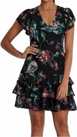 Ralph Lauren Short Sleeve Georgette Drop Waist Dress In Black Floral