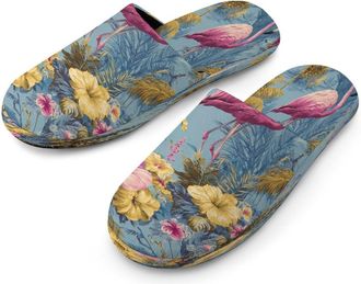 Generic Hawaiian Flamingos Palms Mens Cozy Memory Foam Slippers Warm Cotton House Shoes Comfy Slipper for Indoor Outdoor