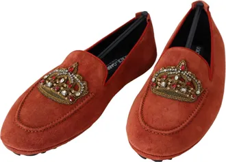 Dolce & Gabbana Orange Leather Crystal Crown Loafers Mens Shoes