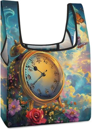 Generic Vintage Clock Butterfly Shopping Bag Reusable Grocery Tote Bag Foldable Handbag for Travel Picnic