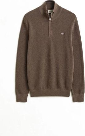 GANT Wafelgebreide trui met halve rits - Heren - Coltruien - Bruin - L - Katoen - Truien & Vesten