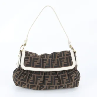 Fendi Brown White Leather Canvas Handbag Shoulder Bag Tote Bag (Pre-Owned)
