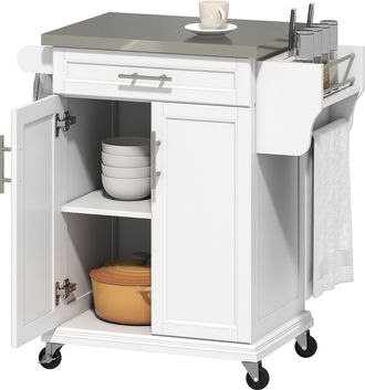 HOMCOM Homcom - Isla De Cocina Mueble Auxiliar De Cocina Moderno Con 4 Ruedas 1 Caj&oacute;n 1 Toallero 1 Especiero Y Estante Ajustable 83,5x45,7x90,5 Cm Blanco