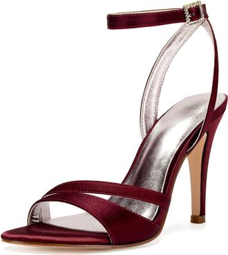 Generic Womens Wedding Bridal Heels Satin Stilettos Heeled Sandals Shoes for Party Evening 10.5Cm,Burgundy,5 UK