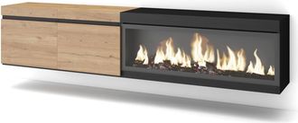 Skraut Home Mueble tv efecto madera roble negro 208x35x45cm chimenea efecto fuego