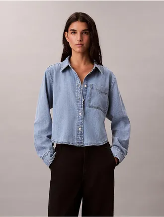 Calvin Klein Jeans Calvin Klein Womens Denim Cropped Relaxed Button-Down Shirt - Blue - XS