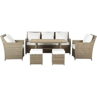 Beliani Set da giardino 5 posti in rattan sintetico marrone divano 2 poltrone tavolo 2 pouf cuscini bianchi Fonti