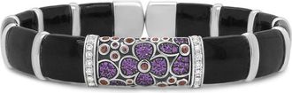 House of Brilliance 925 Sterling Silver Black and Brown Enamel 1/3 Cttw Diamonds and Pink and Orange Sapphire Gemstones Floral Statement Bangle (F-G, VS1-VS2)