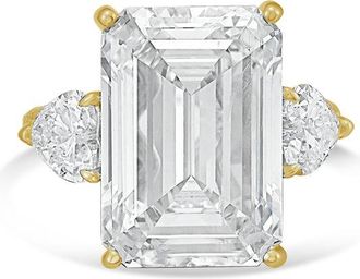Diana M. Jewels 18kt Yellow gold Lab grown 8ct Emerald diamond ring with heart diamonds on the side and micropave band