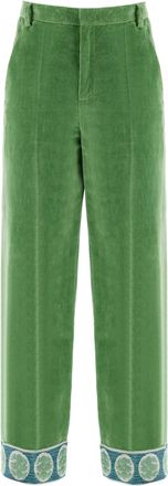 Valentino Mens Green Velvet Trousers With Jacquard Hem - Sage Green Cotton - Size EU 48 (Mens)