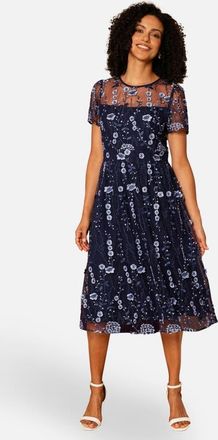 Yumi Embroidered Mesh Midi Dress in Navy at Nordstrom, Size 12