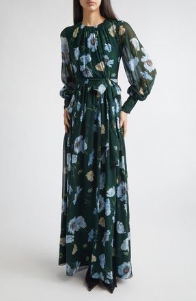 Erdem Floral Long Sleeve Silk Voile Gown in Belle Epoque Poppy Dark Green at Nordstrom, Size 8