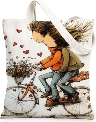 Generic Romantic Hearts Canvas Tote Bags, Vintage Floral Print Reusable Grocery Bags, Lightweight Washable Shoulder Strap Canvas Fo, White, 13x15 Inch