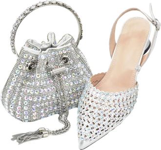 Generic Womens Shoes and Bags Match Set Sparkly Full Rhinestone Handbag Pointed Toe Thick Heel Shoes for Party Wedding Silver