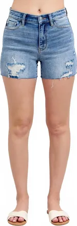 Judy Blue High Waist Shorts With Stitch Over Destroy In Medium Wash