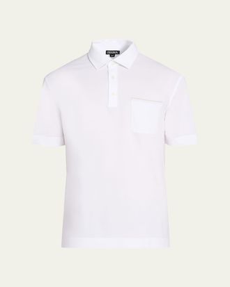 Ermenegildo Zegna Mens Cotton Polo Shirt with Leather-Trim Pocket