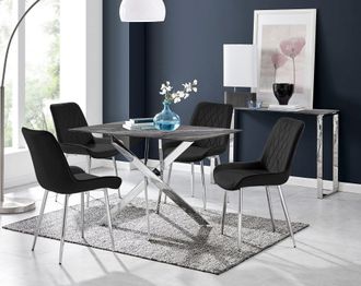 Furniturebox Leonardo Grey Glass Marble Effect Silver Leg Table & 4 Pesaro Silver Chairs in Black