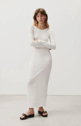 American Vintage Gamipy Long Sleeve Round Neck Fitted Dress In Blanc