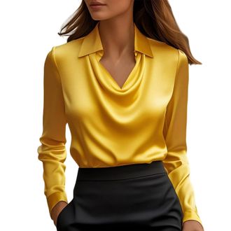 Generic Blusas Rojas De Mujer Elegantes Womens Elegant Cowl Neck Satin Blouse Long Sleeve Office Work Shirt Collar Blouses V-Neck Casual Silk Tops Silk Satin 