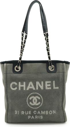 Chanel Black Gray Canvas Leather Shoulder Bag Tote Bag (Pre-Owned)