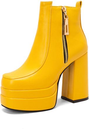 Generic Womens Platform Chunky Block Heel Ankle Boots Heel with Side Zip Detail for Trendy Casual Wear,Yellow,6.5 UK