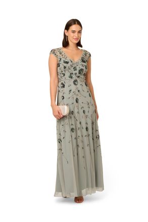 Adrianna Papell Womens Long Beaded Dress - Green - Size 10 UK