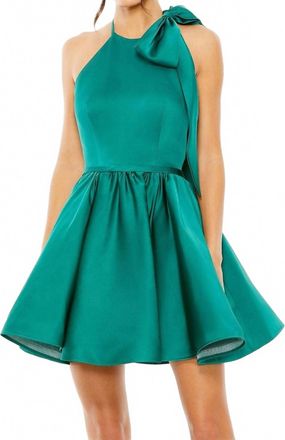 Mac Duggal Brocade Halter Bow Neck Sleeveless Full Skirt Mini Dress In Emerald