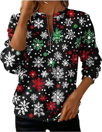 Generic Womens Fashion Christmas Printed Half Zip Ladies Sweatshirts Casual Crew Neck Comfy Ladies Tops Capless Sweatshirt Long Sleeve Tops Women Regular Fit 